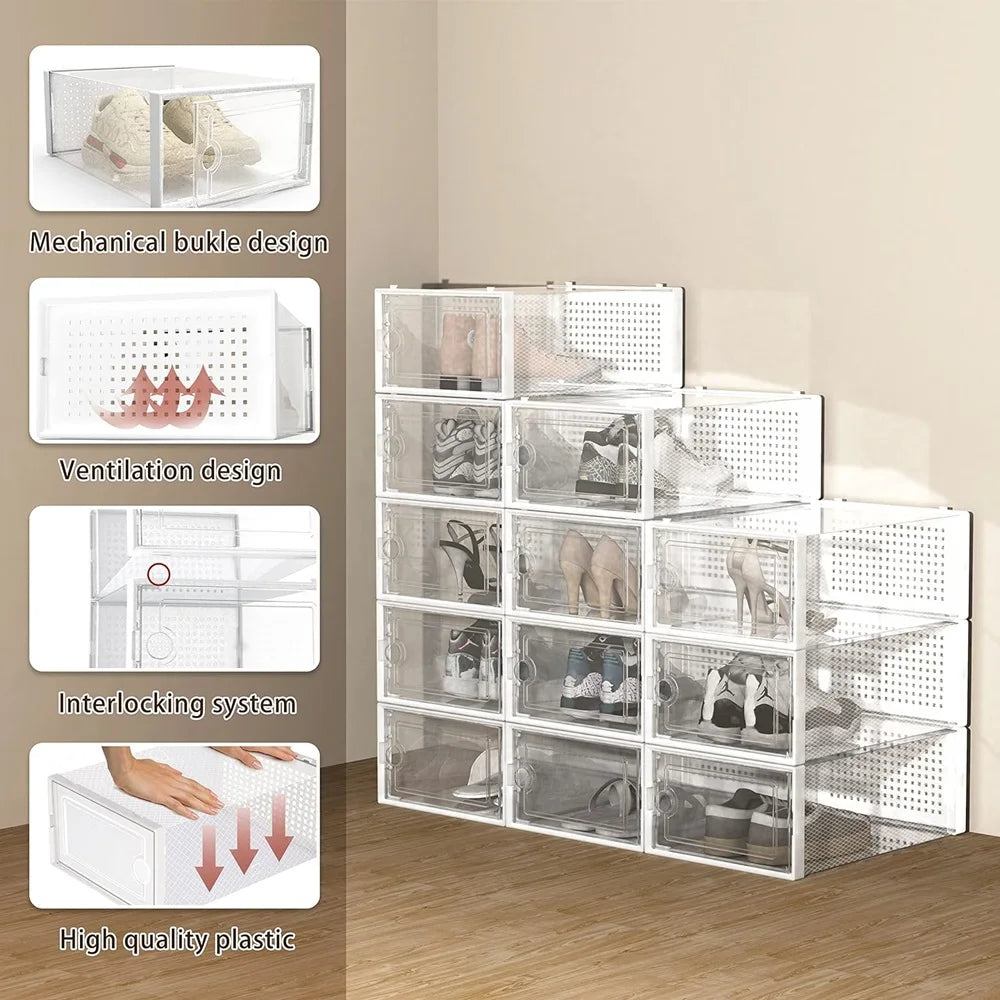 Wulfrumite 12 Pack Stackable Shoe Storage Boxes - Clear Plastic Sneaker Organizers, Space Saving Closet Storage