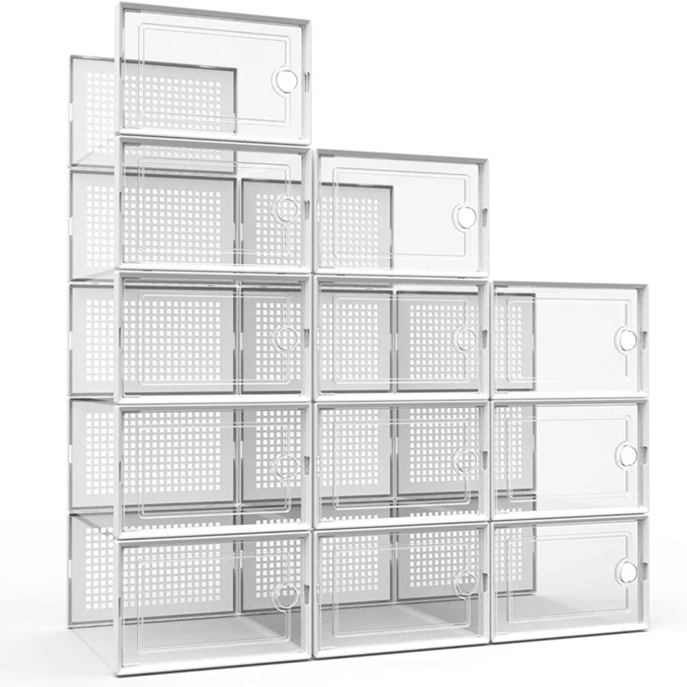 Wulfrumite 12 Pack Stackable Shoe Storage Boxes - Clear Plastic Sneaker Organizers, Space Saving Closet Storage