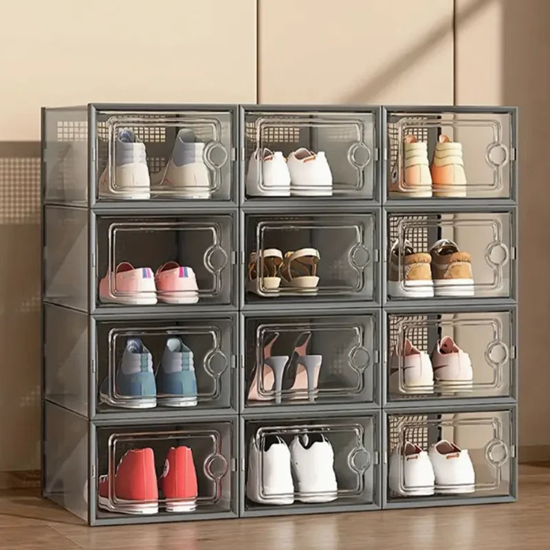 Wulfrumite 12 Pack Stackable Shoe Storage Boxes - Clear Plastic Sneaker Organizers, Space Saving Closet Storage