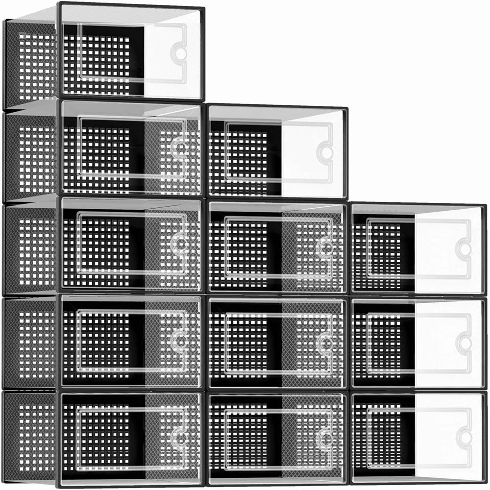 Wulfrumite 12 Pack Stackable Shoe Storage Boxes - Clear Plastic Sneaker Organizers, Space Saving Closet Storage
